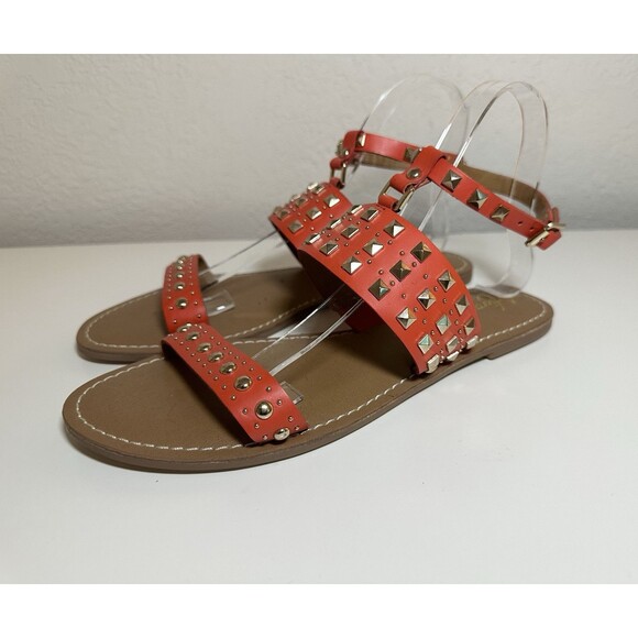 Arturo Chiang Orange Gold Studded Leather Flat Ankle Strap Sandals Women's 9M - Picture 1 of 10